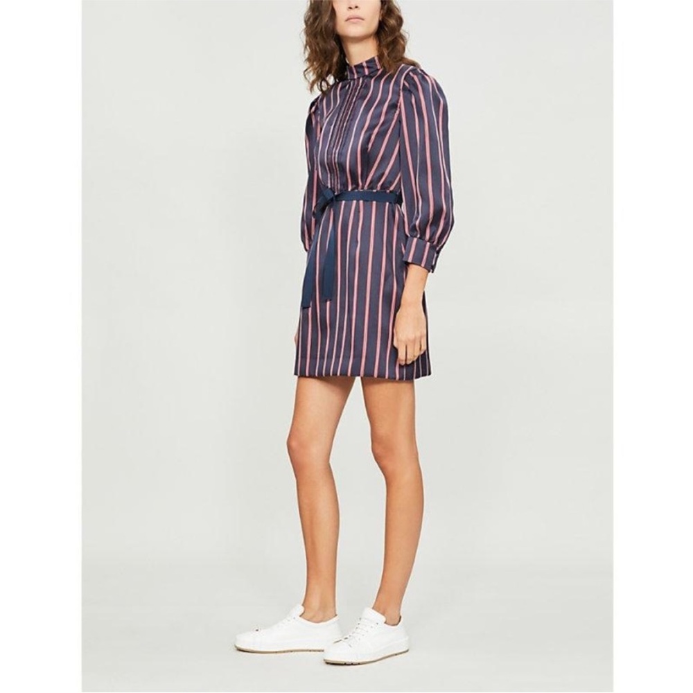 NWT Sandro Respect Navy/White/Red Striped Puff-Sleeve Women’s Mini Dress 40/8 - Picture 2 of 13